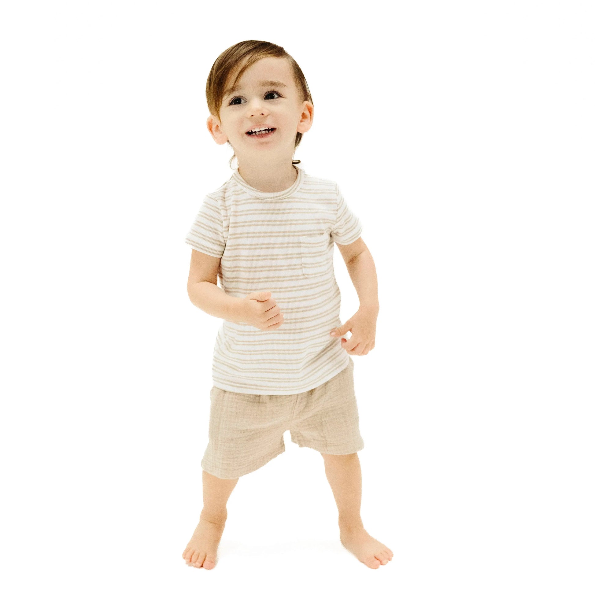 Crew Neck Tee With Pocket And Casual Short Stripe Oxford Tan.