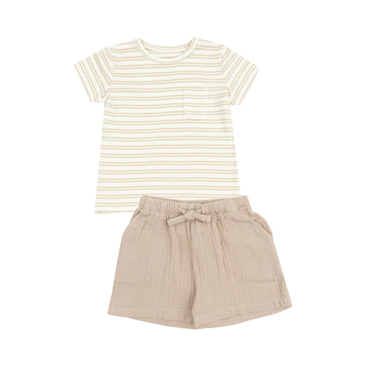 Crew Neck Tee With Pocket And Casual Short Stripe Oxford Tan.
