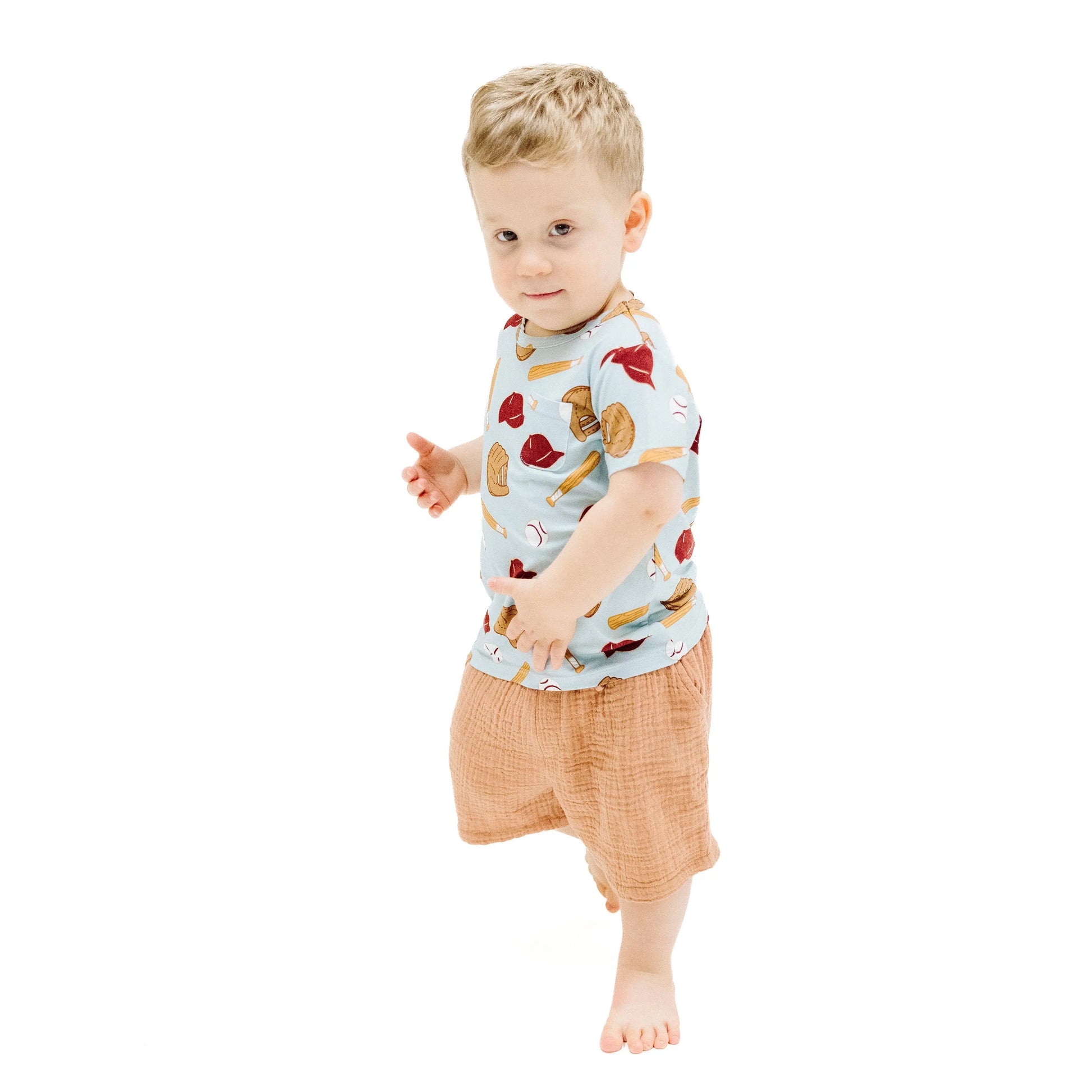 Crew Neck Tee and Short Muslin Set for Kids Baseball Theme.
