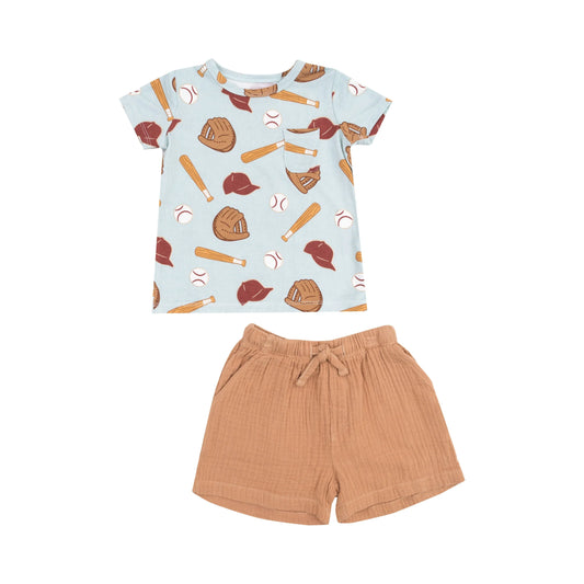 Crew Neck Tee and Short Muslin Set for Kids Baseball Theme.