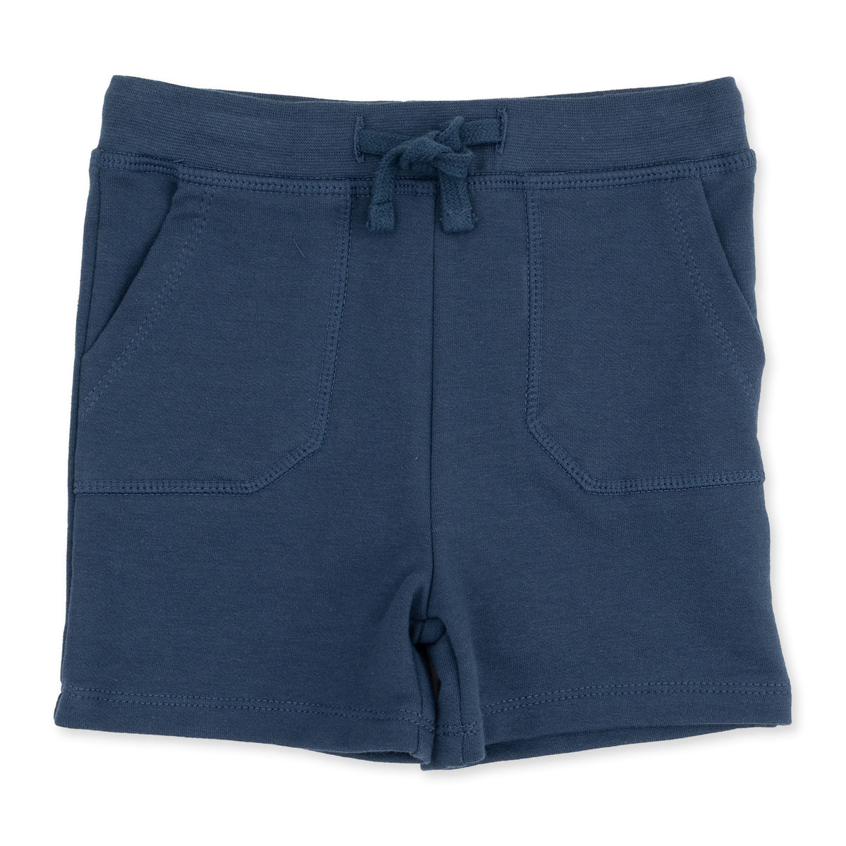 Solid insignia blue baby shorts in French terry with a drawstring waistband and two front pockets.