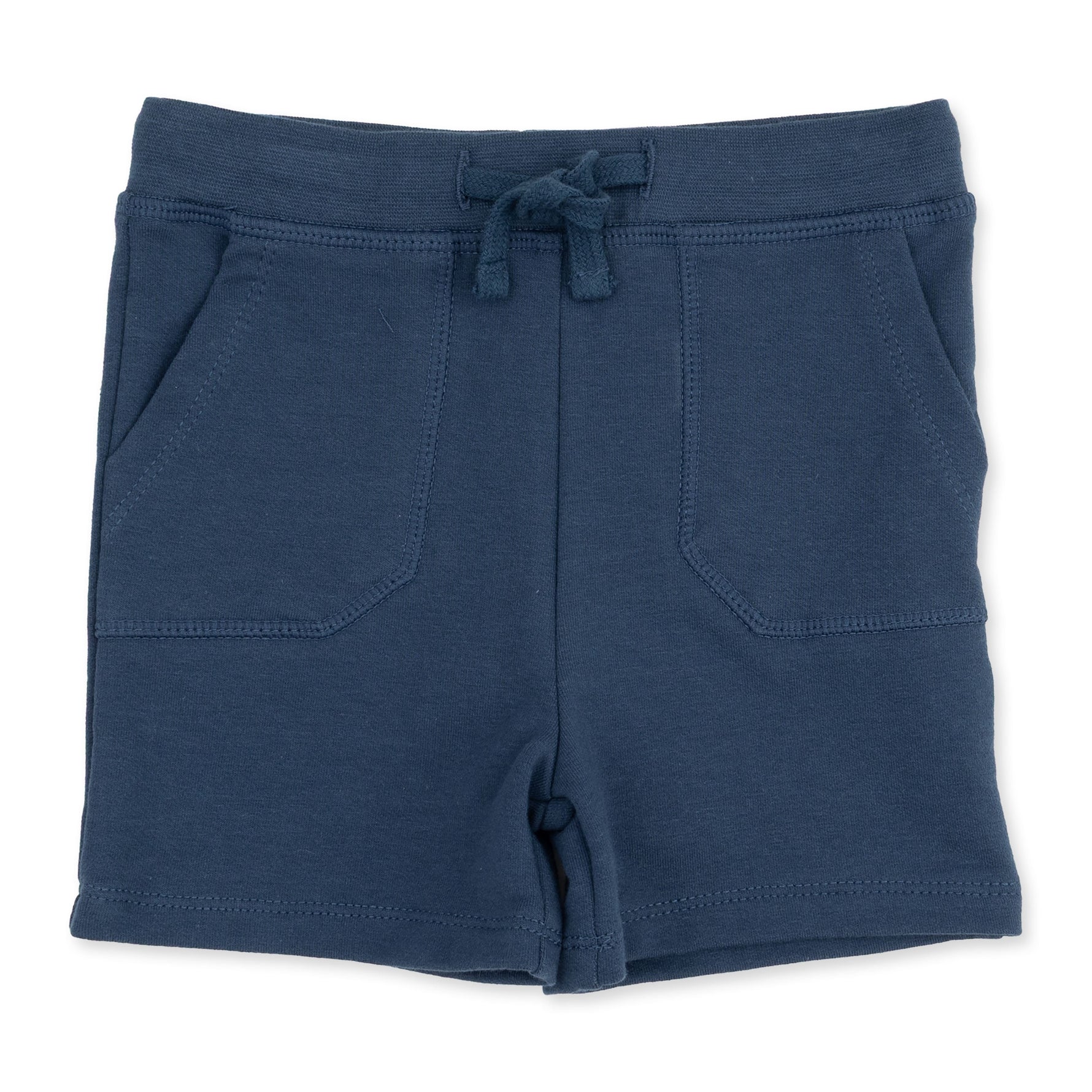 Solid insignia blue baby shorts in French terry with a drawstring waistband and two front pockets.