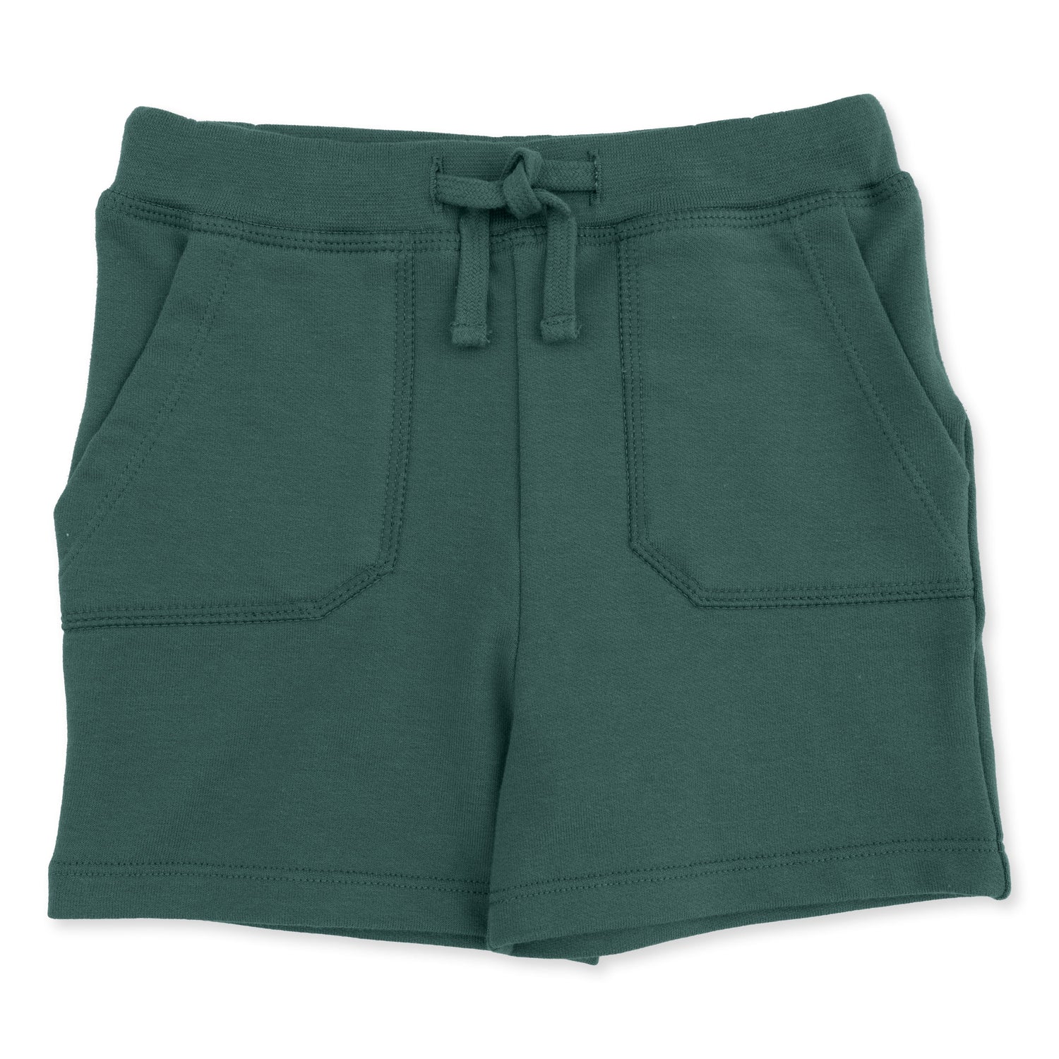 Baby shorts in muted smoke pine green with front pockets and a drawstring waistband