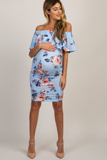 Light Blue Rose Print Ruffle Fitted Maternity Dress by PinkBlush at Everetts Place