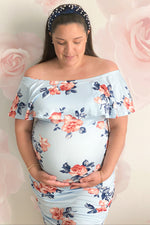 Light Blue Rose Print Ruffle Fitted Maternity Dress by PinkBlush at Everetts Place