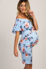 Light Blue Rose Print Ruffle Fitted Maternity Dress by PinkBlush at Everetts Place