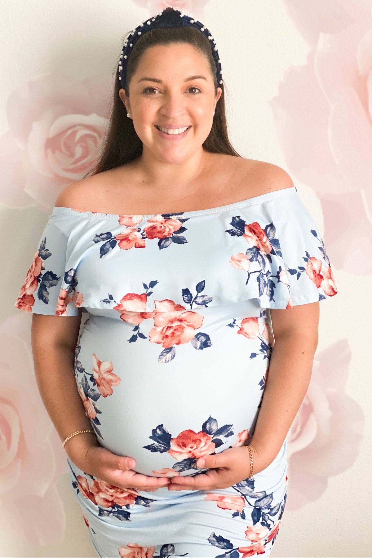 Light Blue Rose Print Ruffle Fitted Maternity Dress by PinkBlush at Everetts Place