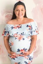 Light Blue Rose Print Ruffle Fitted Maternity Dress by PinkBlush at Everetts Place