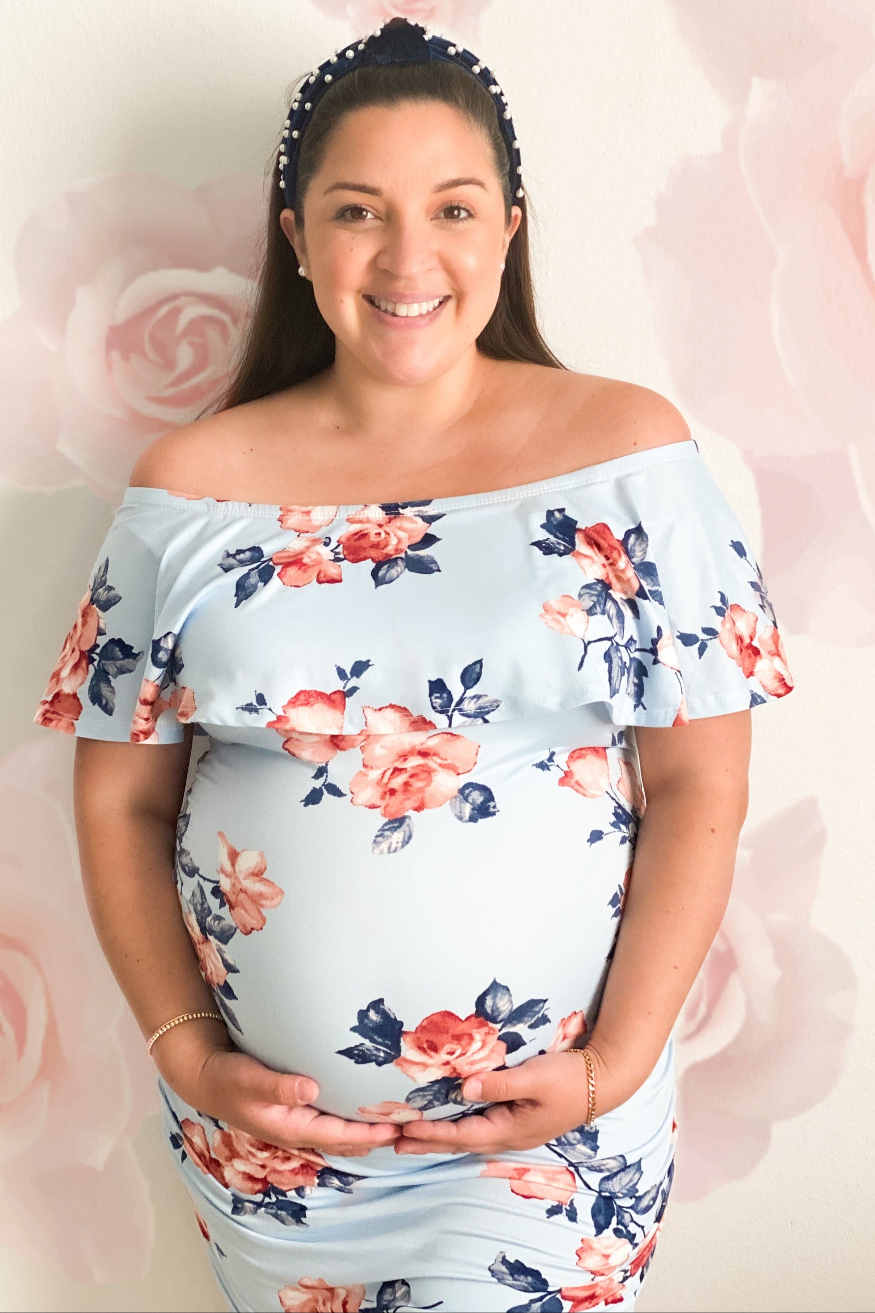 Light Blue Rose Print Ruffle Fitted Maternity Dress by PinkBlush at Everetts Place