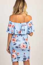 Light Blue Rose Print Ruffle Fitted Maternity Dress by PinkBlush at Everetts Place