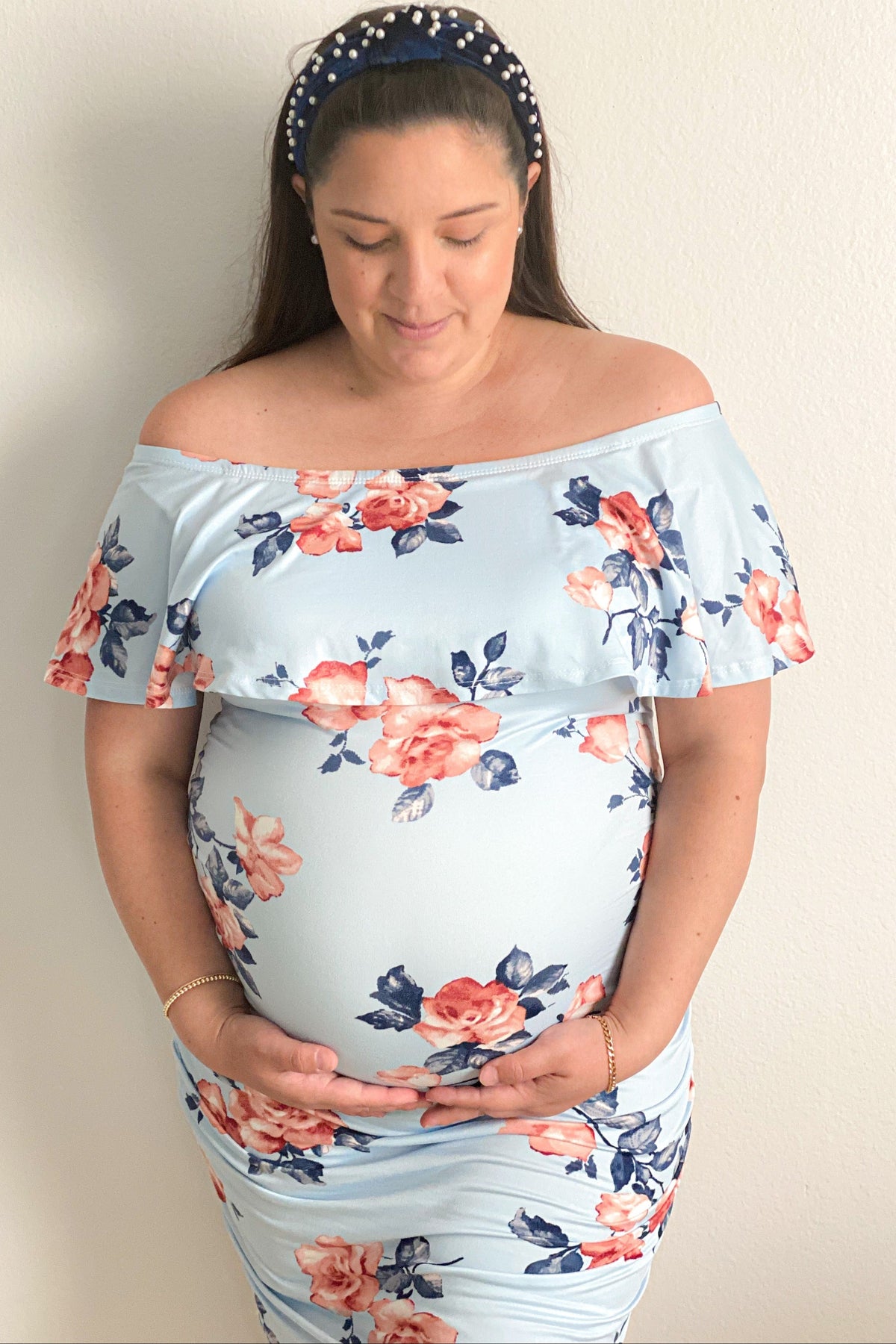 Light Blue Rose Print Ruffle Fitted Maternity Dress by PinkBlush at Everetts Place