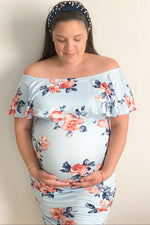 Light Blue Rose Print Ruffle Fitted Maternity Dress by PinkBlush at Everetts Place