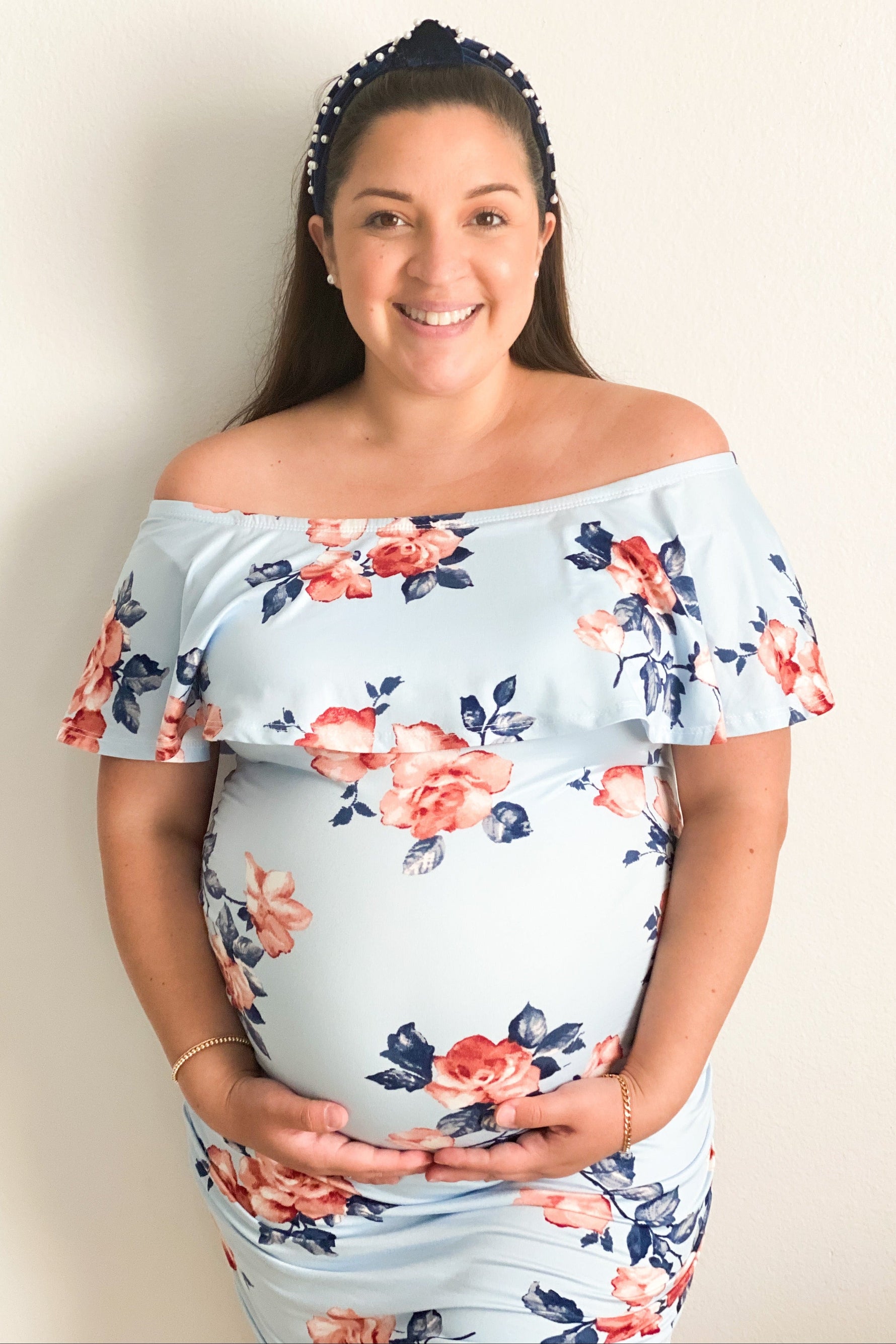 Light Blue Rose Print Ruffle Fitted Maternity Dress by PinkBlush at Everetts Place