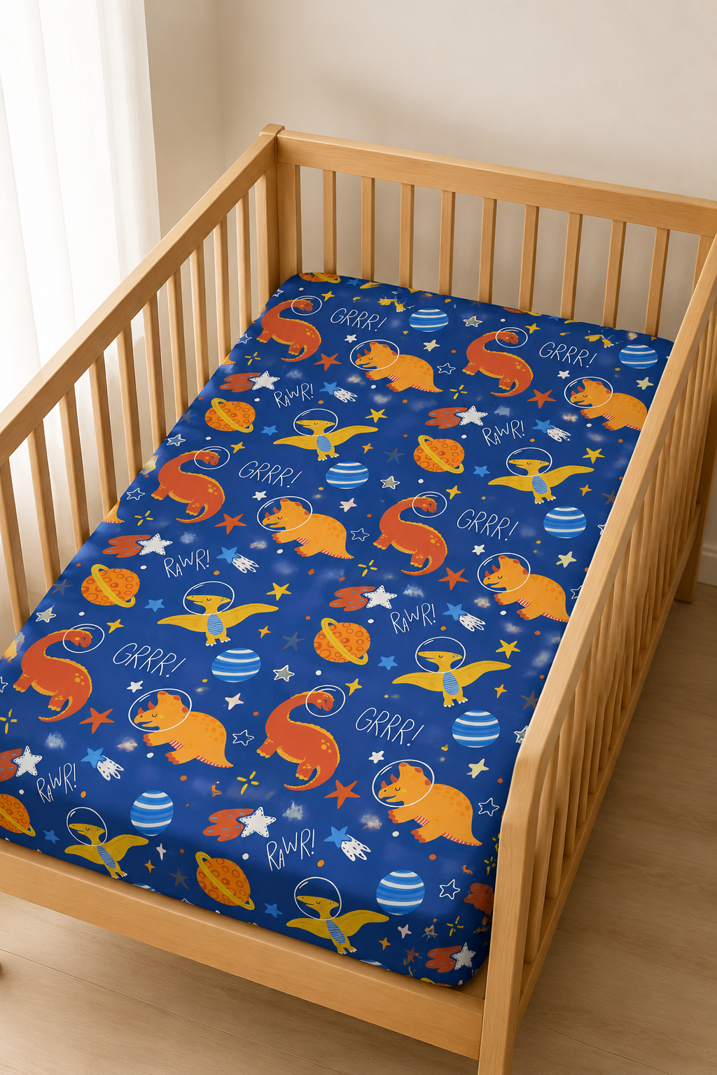 Blue Space Dinosaur Bamboo Fitted Crib Sheet by Rayn’s Tiny Stitches