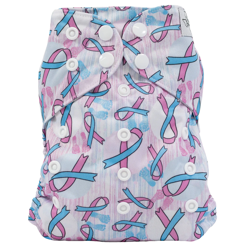 Slim Fit AIO Cloth Diaper with colorful ribbon print, adjustable snaps, and wicking jersey material for comfort and dryness.