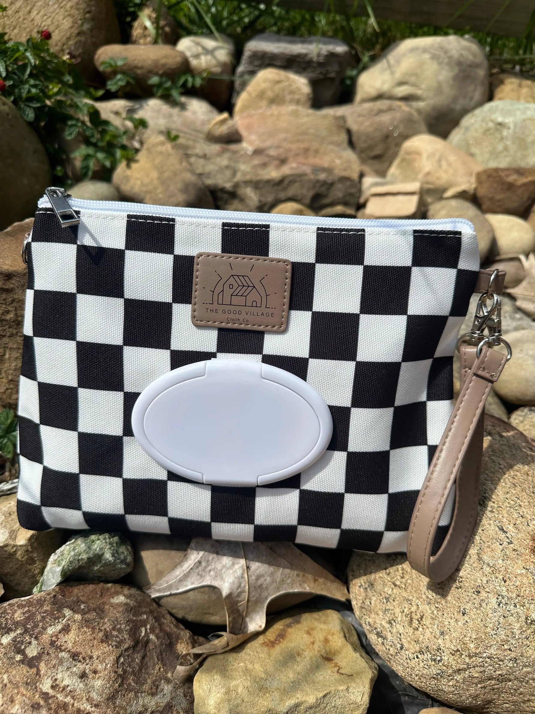 Wipes Clutch Black Check Diaper Wet Bag With Adjustable Lanyard The Good Village Cloth Co. 