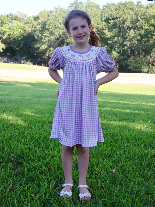 Halloween Girls Purple Smocked Ghost Embroidery Plaid Dress Rylee Faith Designs Everetts Place: Online Boutique