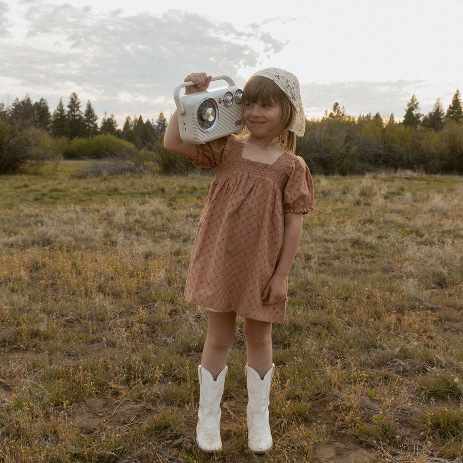 Clay eyelet baby and toddler dress with bubble sleeves and embroidered detail