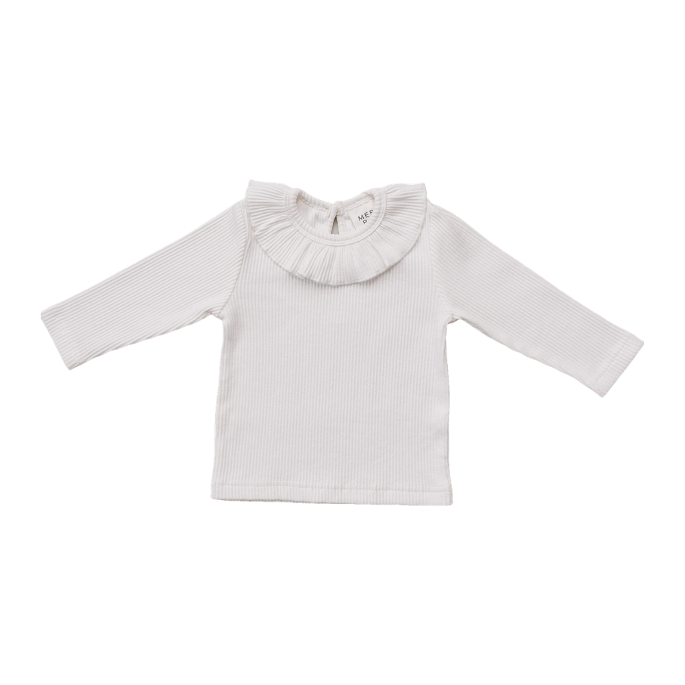 White ribbed long sleeve top with a gathered ruffle collar for a toddler