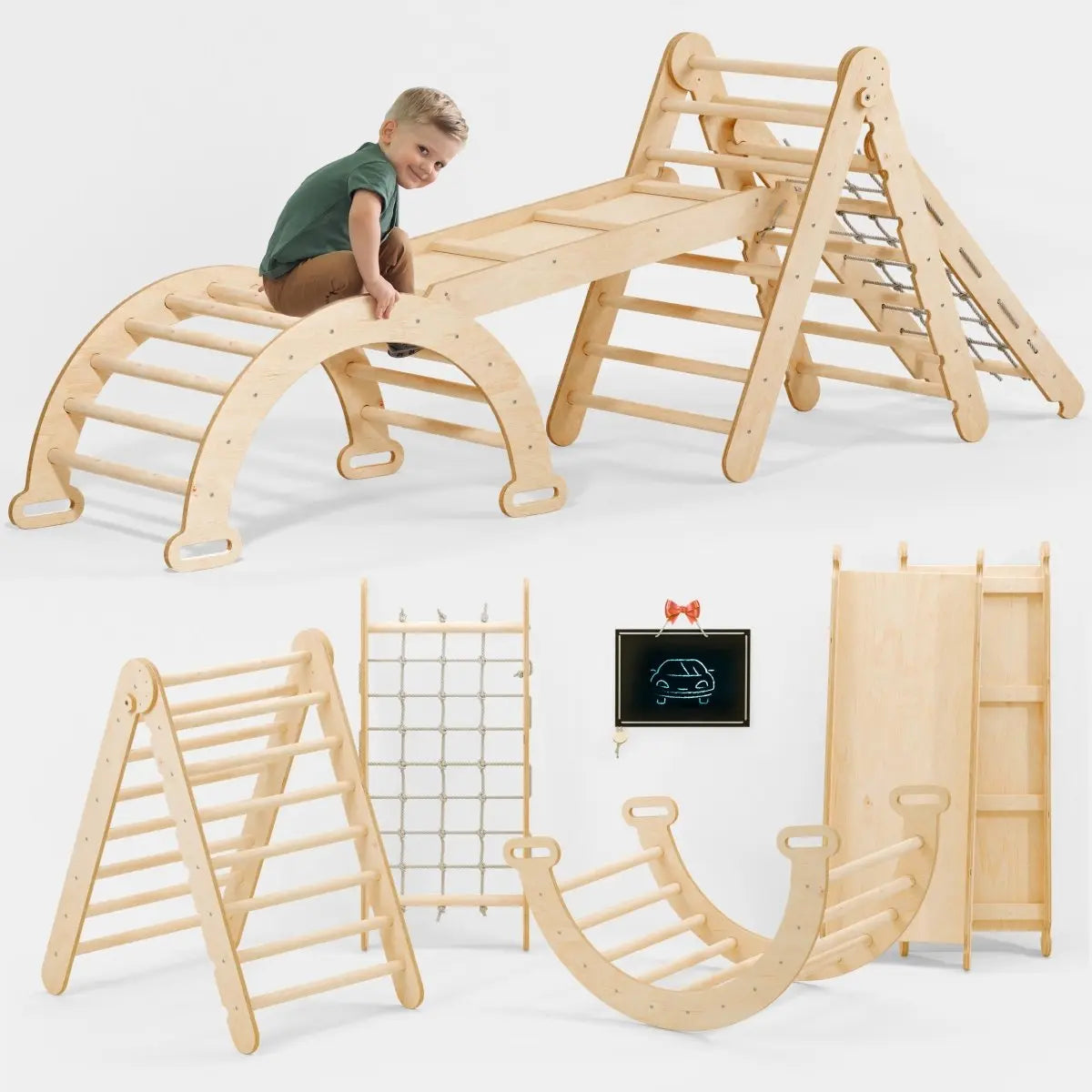 4in1 Montessori Climbing Set Triangle Ladder Arch Rocker Slide Board Ramp Climbing Net Beige Goodevas Everetts Place: Online Boutique