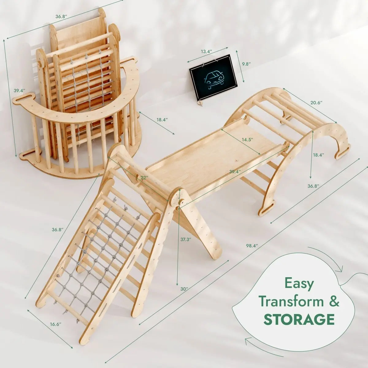 4in1 Montessori Climbing Set Triangle Ladder Arch Rocker Slide Board Ramp Climbing Net Beige Goodevas Everetts Place: Online Boutique