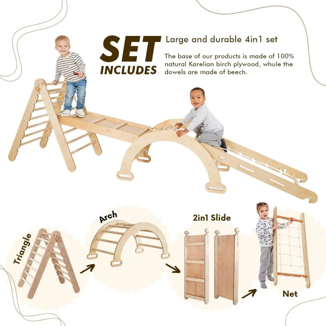 4in1 Montessori Climbing Set Triangle Ladder Arch Rocker Slide Board Ramp Climbing Net Beige Goodevas Everetts Place: Online Boutique