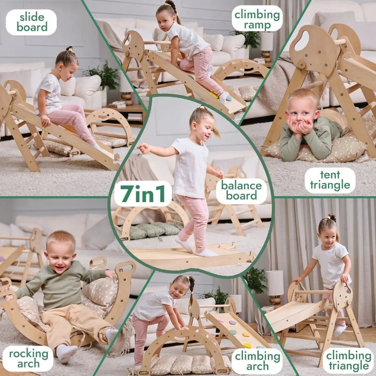 Goodevas 4in1 Montessori Climbing Set: Pikler Triangle, Arch, Slide Board, and Cushion for Toddlers (1–3 Years) - 
