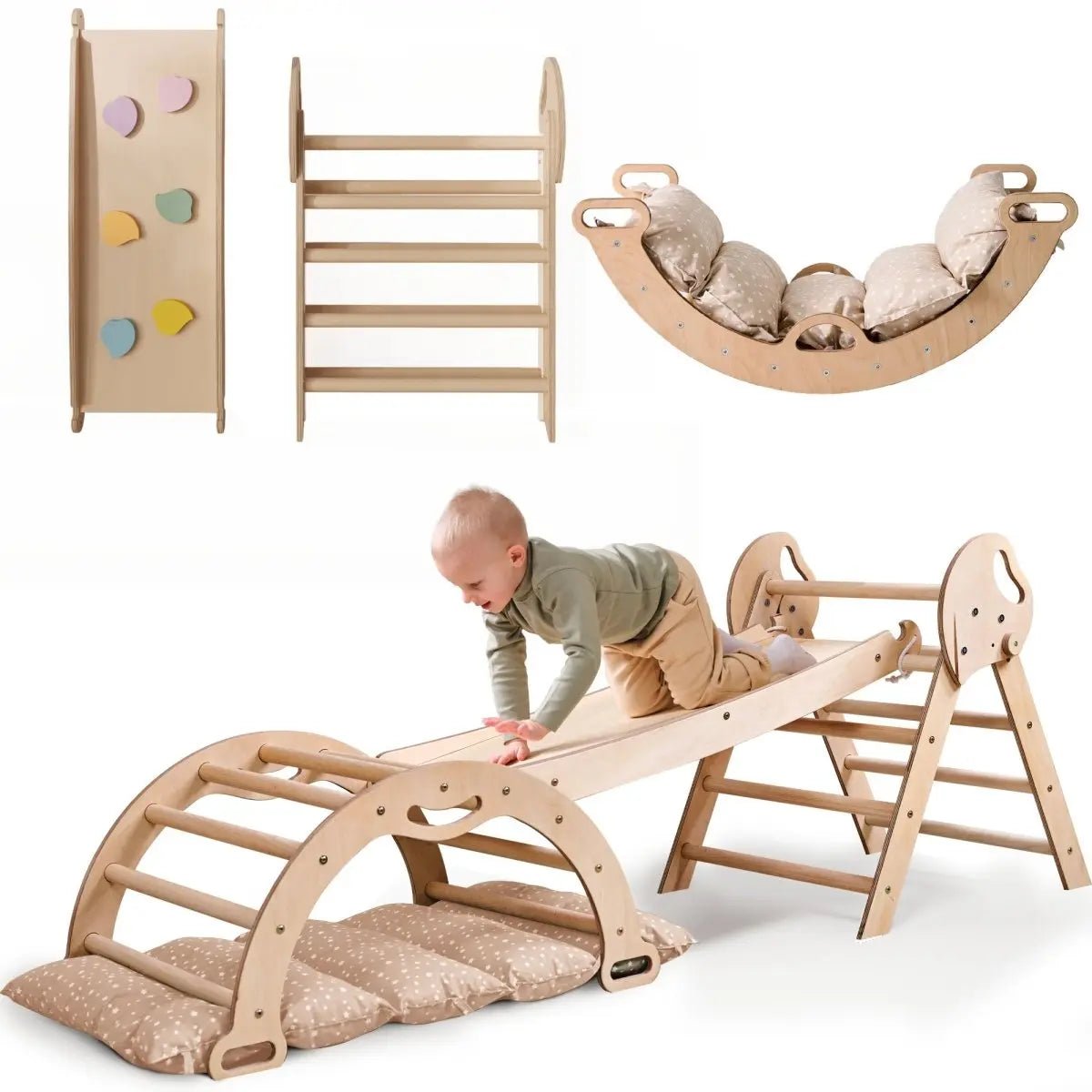 Goodevas 4in1 Montessori Climbing Set: Pikler Triangle, Arch, Slide Board, and Cushion for Toddlers (1–3 Years) - 