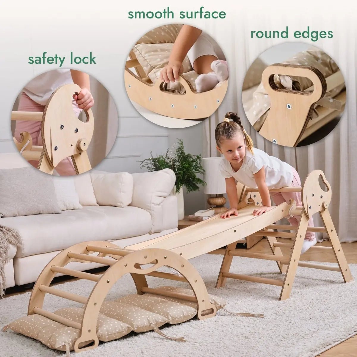 Goodevas 4in1 Montessori Climbing Set: Pikler Triangle, Arch, Slide Board, and Cushion for Toddlers (1–3 Years) - 