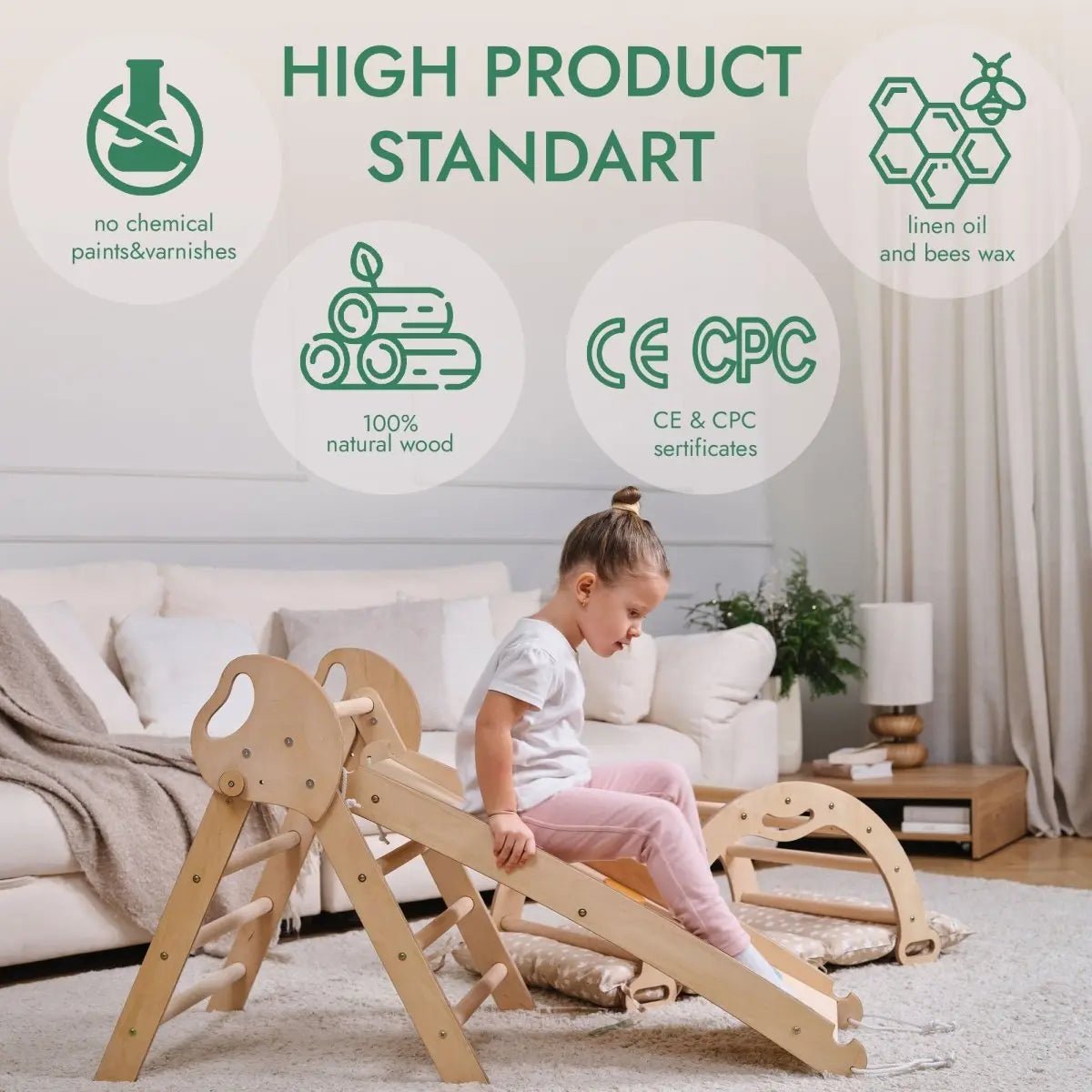 Goodevas 4in1 Montessori Climbing Set: Pikler Triangle, Arch, Slide Board, and Cushion for Toddlers (1–3 Years) - 
