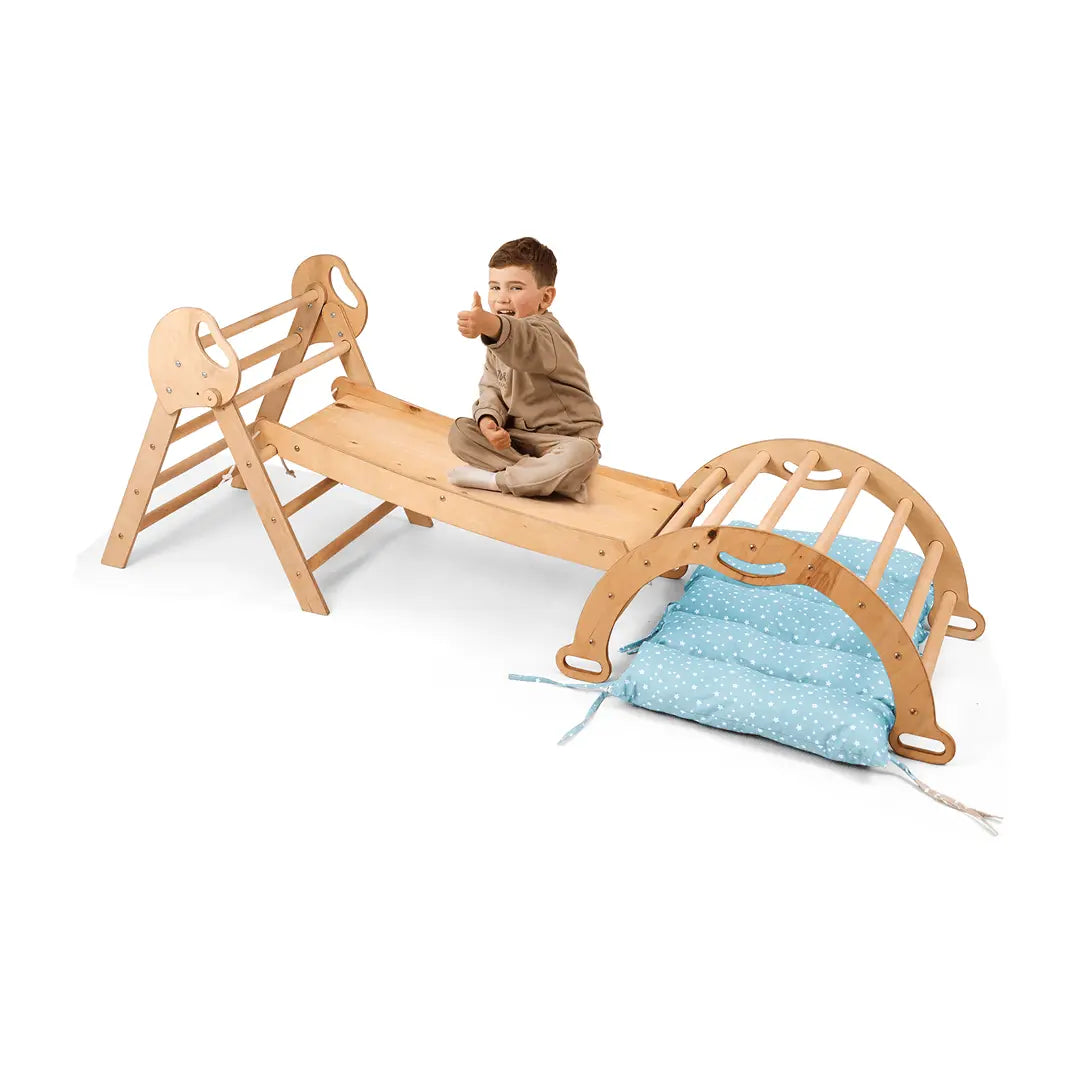 Goodevas 4in1 Montessori Climbing Set: Pikler Triangle, Arch, Slide Board, and Cushion for Toddlers (1–3 Years) - 