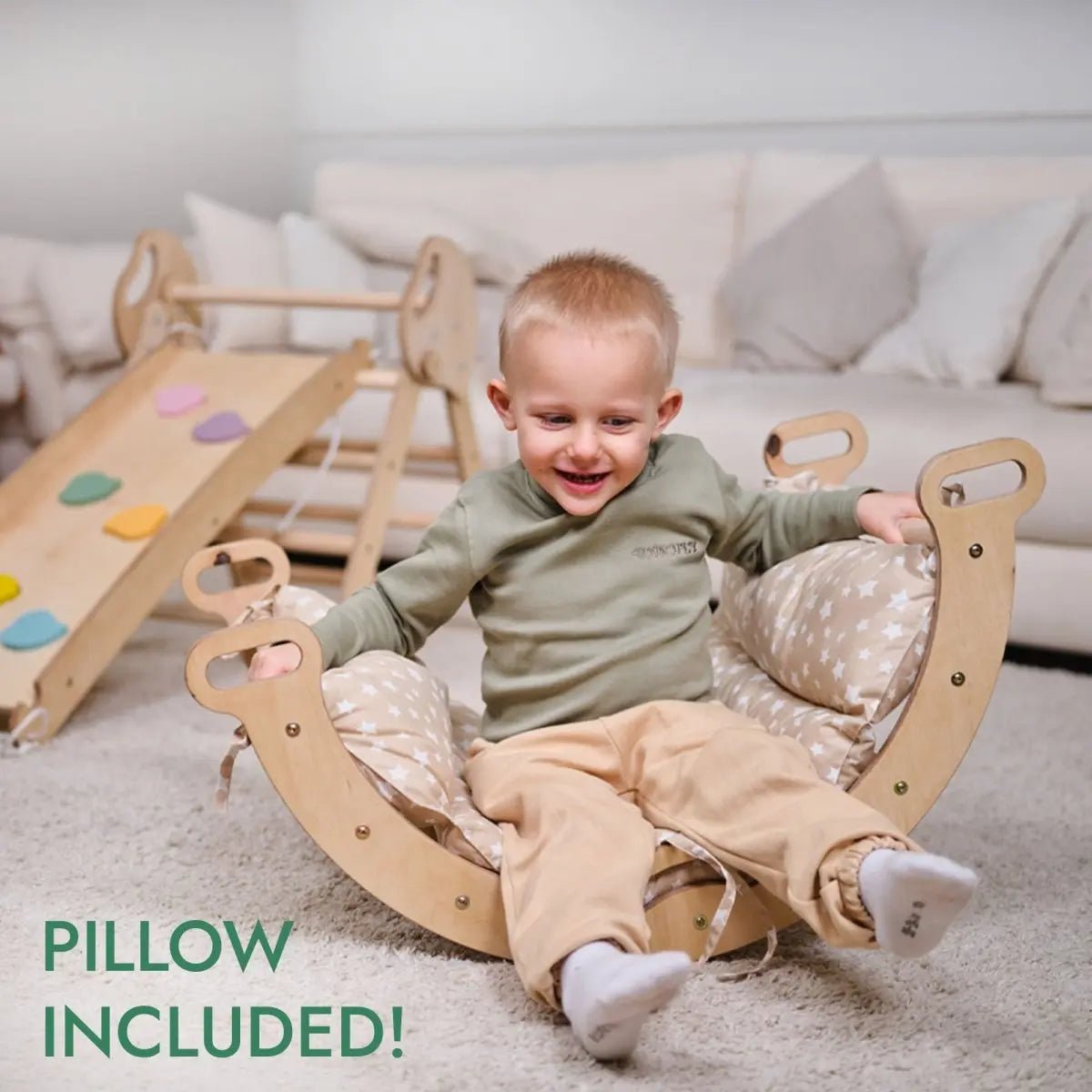 Goodevas 4in1 Montessori Climbing Set: Pikler Triangle, Arch, Slide Board, and Cushion for Toddlers (1–3 Years) - 