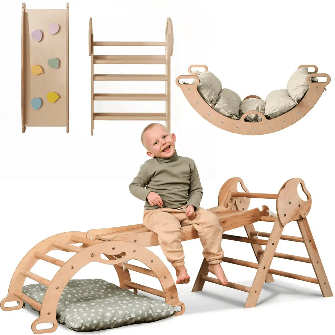 Goodevas 4in1 Montessori Climbing Set: Pikler Triangle, Arch, Slide Board, and Cushion for Toddlers (1–3 Years) - 