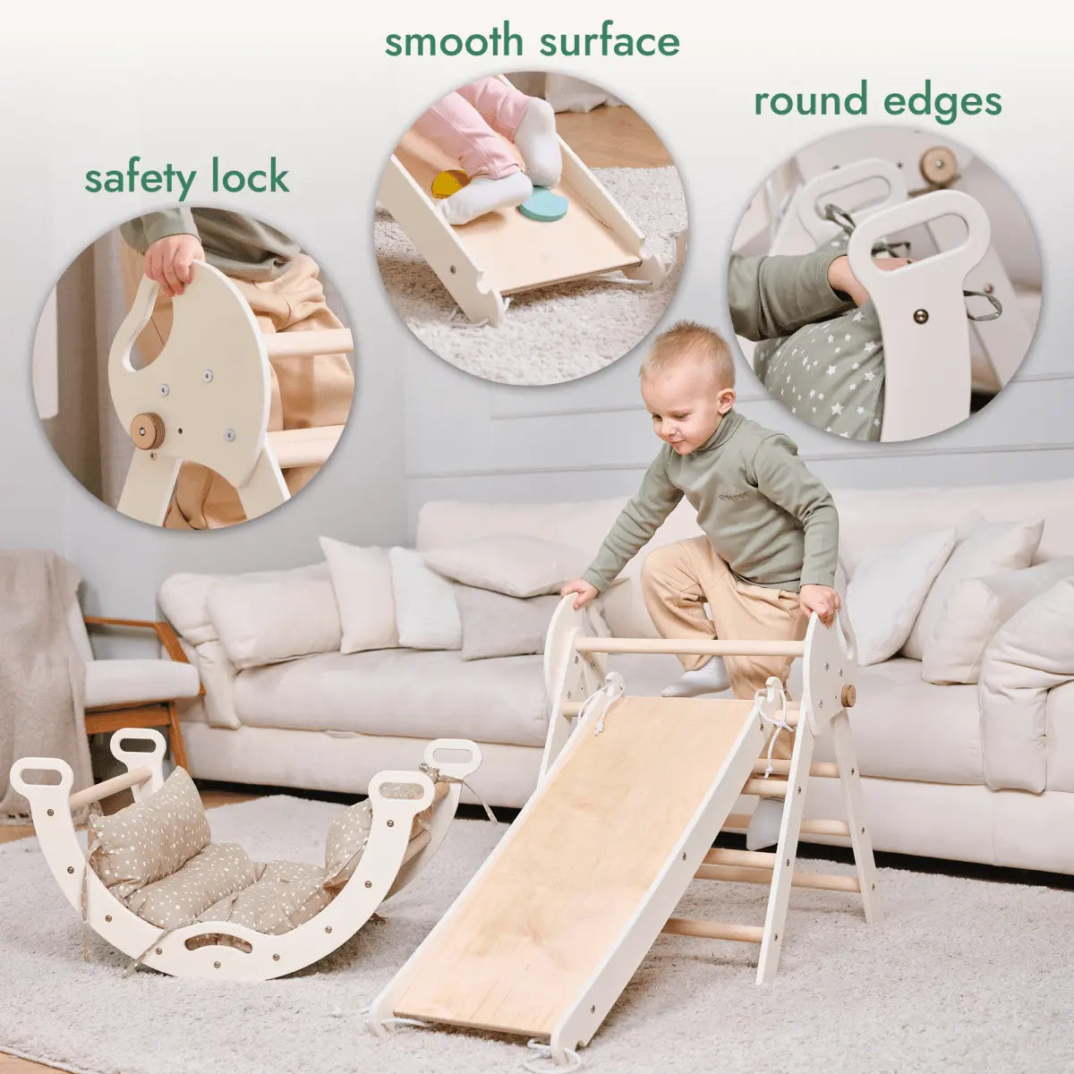 Goodevas 4in1 Montessori Climbing Set: Pikler Triangle, Arch, Slide Board, and Cushion for Toddlers (1–3 Years) - 