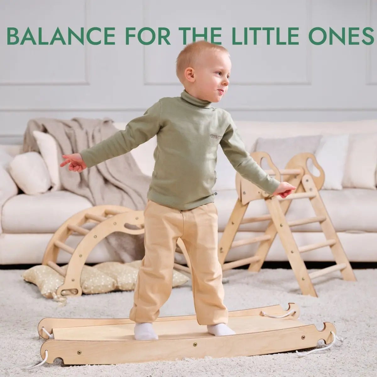 Goodevas 4in1 Montessori Climbing Set: Pikler Triangle, Arch, Slide Board, and Cushion for Toddlers (1–3 Years) - 
