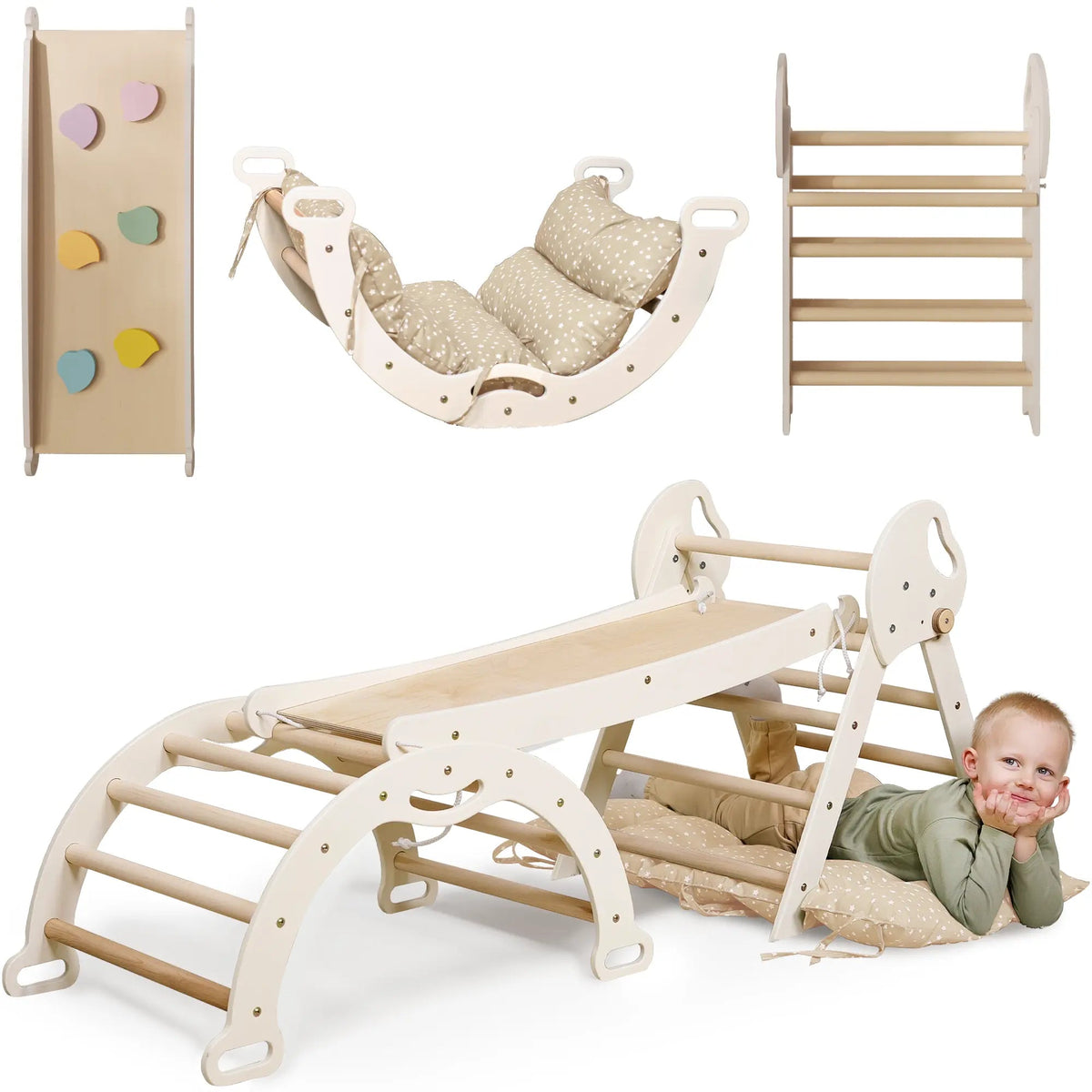 Goodevas 4in1 Montessori Climbing Set: Pikler Triangle, Arch, Slide Board, and Cushion for Toddlers (1–3 Years) - 