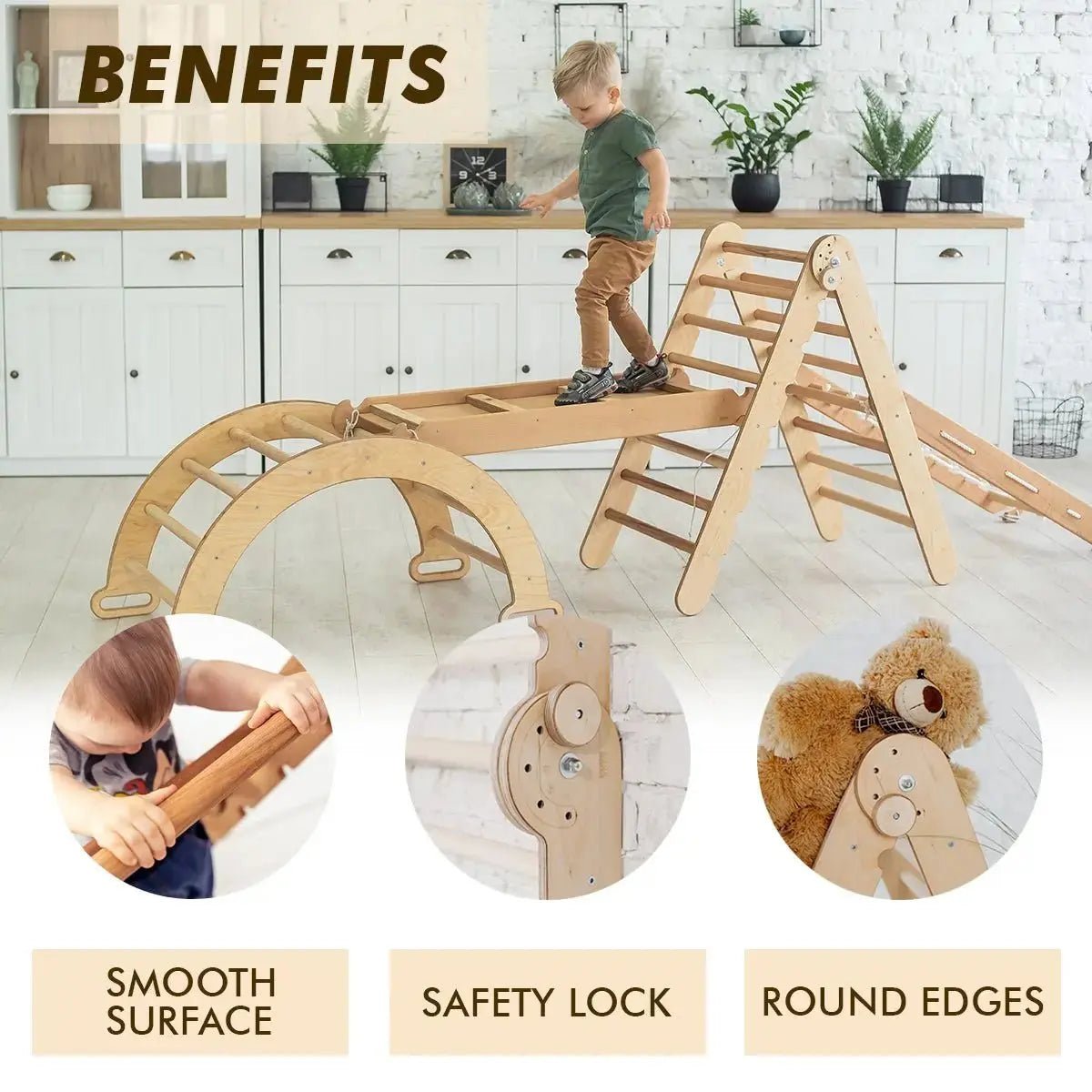Goodevas 4in1 Montessori Climbing Set Triangle Ladder Arch Rocker Slide Board Ramp Climbing Net Beige - Everetts Place Boutique - 