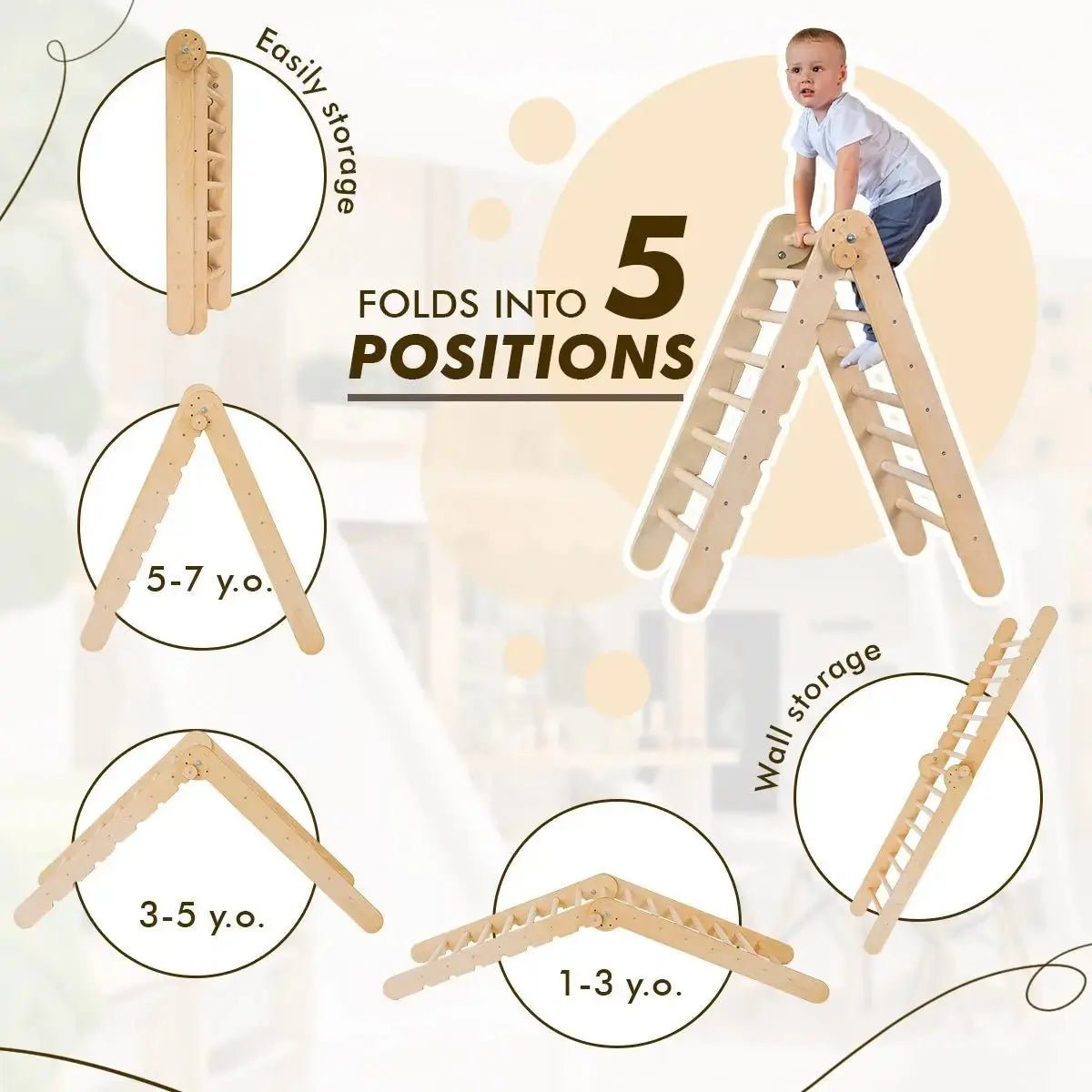 Goodevas 4in1 Montessori Climbing Set Triangle Ladder Arch Rocker Slide Board Ramp Climbing Net Beige - Everetts Place Boutique - 
