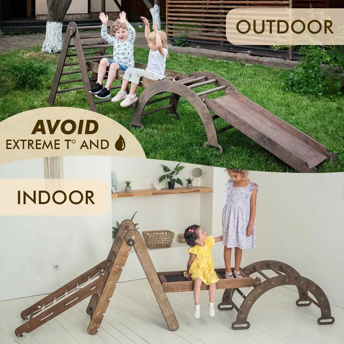 Goodevas 4in1 Montessori Climbing Set Triangle Ladder Arch Rocker Slide Board Ramp Net Chocolate - Everetts Place Boutique - 