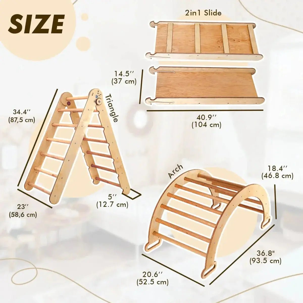 Goodevas 4in1 Montessori Climbing Set Triangle Ladder Climbing Arch Slide Board and Cushion Beige - Everetts Place Boutique - 