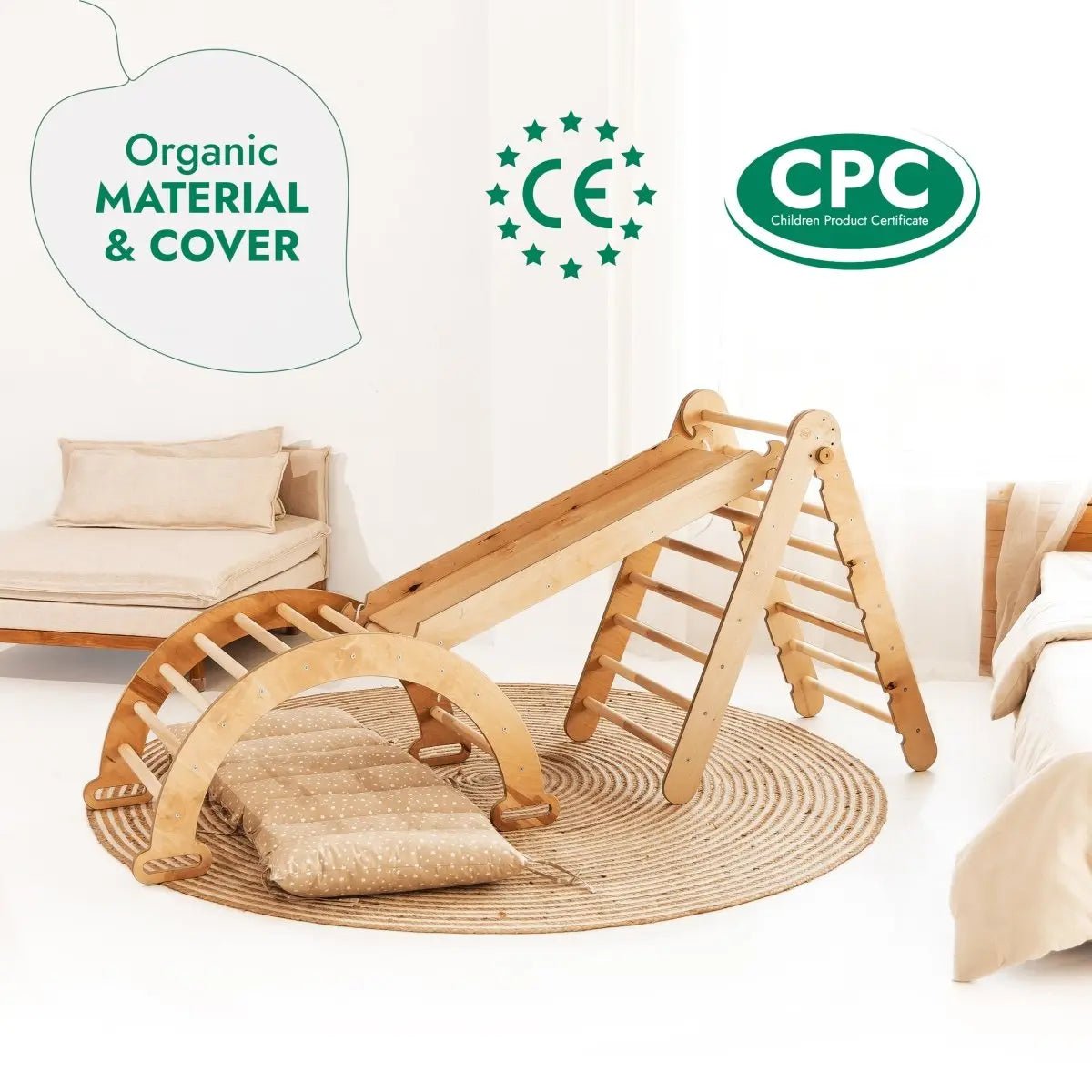 Goodevas 4in1 Montessori Climbing Set: Triangle Ladder + Climbing Arch + Slide Board & Cushion – Beige - 