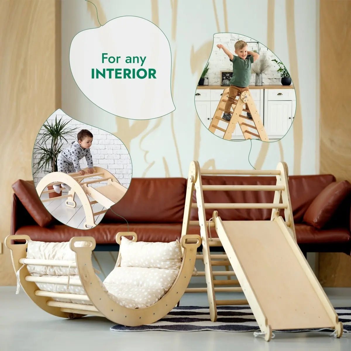 Goodevas 4in1 Montessori Climbing Set: Triangle Ladder + Climbing Arch + Slide Board & Cushion – Beige - 