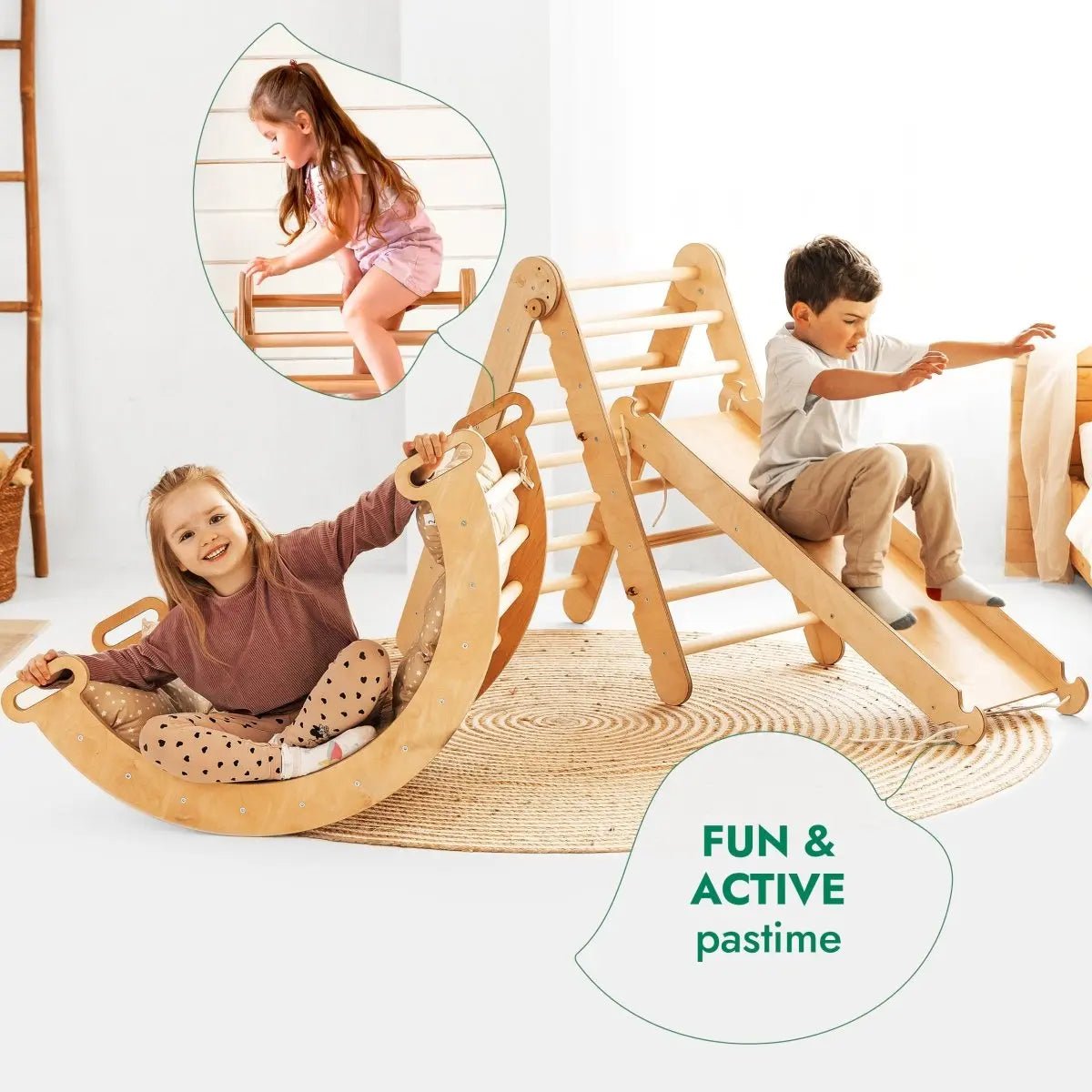 Goodevas 4in1 Montessori Climbing Set: Triangle Ladder + Climbing Arch + Slide Board & Cushion – Beige - 