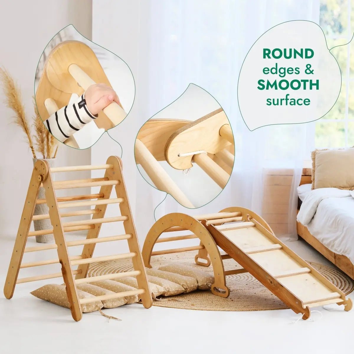 Goodevas 4in1 Montessori Climbing Set: Triangle Ladder + Climbing Arch + Slide Board & Cushion – Beige - 