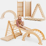Goodevas 4in1 Montessori Climbing Set: Triangle Ladder + Climbing Arch + Slide Board & Cushion – Beige - 