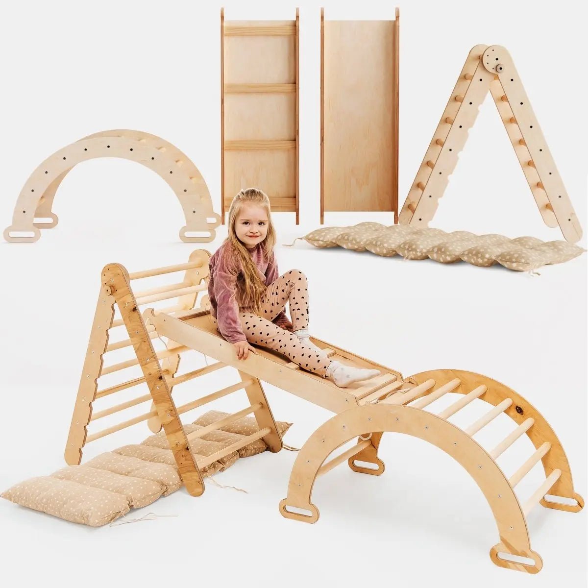Goodevas 4in1 Montessori Climbing Set: Triangle Ladder + Climbing Arch + Slide Board & Cushion – Beige - 