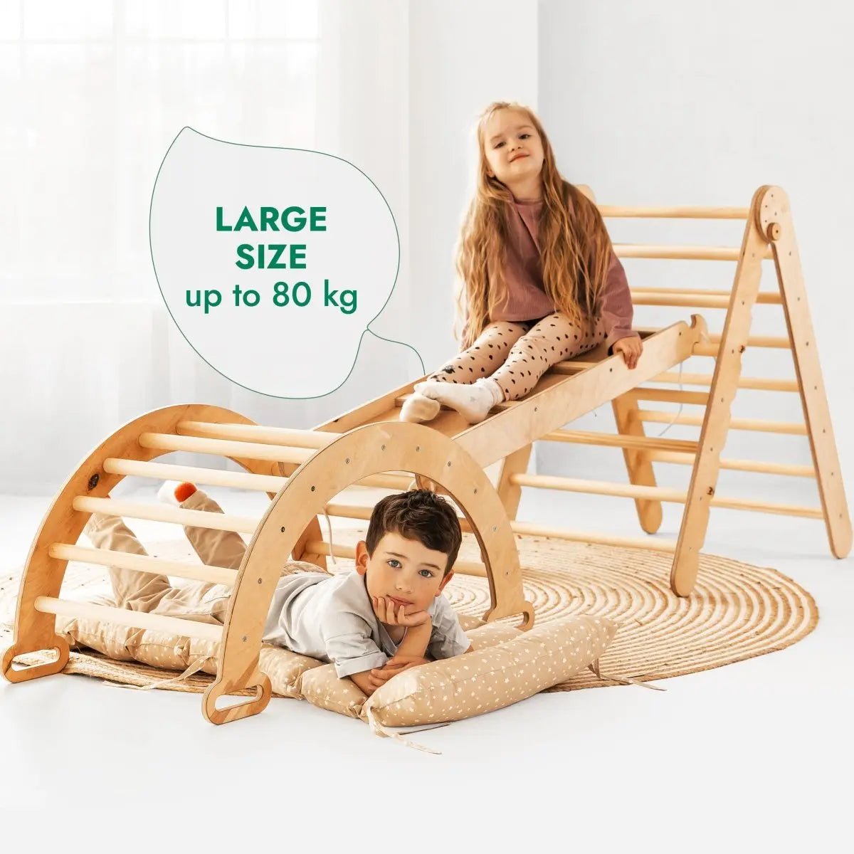 Goodevas 4in1 Montessori Climbing Set: Triangle Ladder + Climbing Arch + Slide Board & Cushion – Beige - 