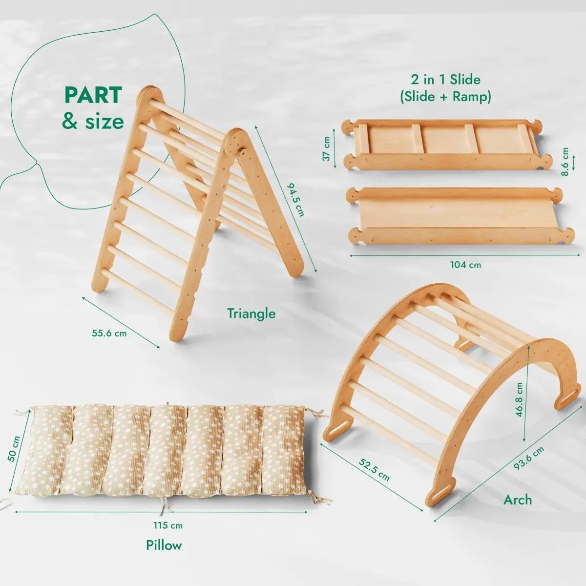 Goodevas 4in1 Montessori Climbing Set: Triangle Ladder + Climbing Arch + Slide Board & Cushion – Beige - 