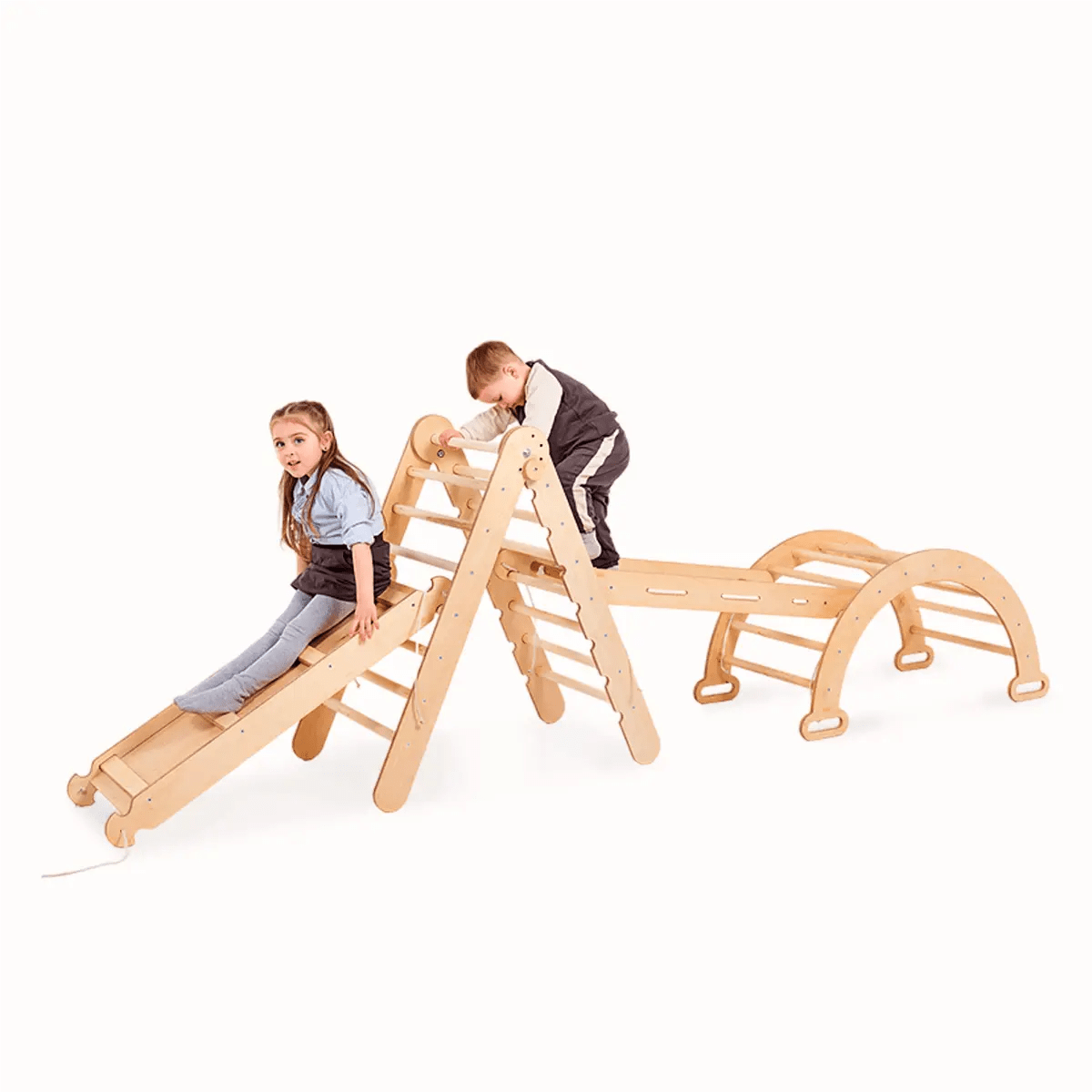 Goodevas 4in1 Montessori Climbing Set: Triangle Ladder + Climbing Arch + Slide Board + Net – Beige - 