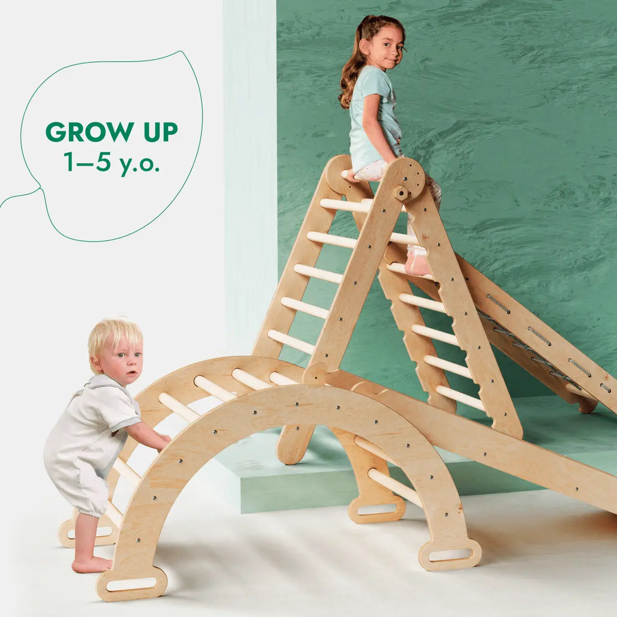 Goodevas 4in1 Montessori Climbing Set: Triangle Ladder + Climbing Arch + Slide Board + Net – Beige - 